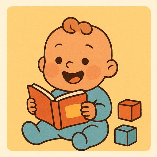 Baby erkundet ein Baby-Kinderbuch bzw. Fühlbuch, illustriert im Comicstil.