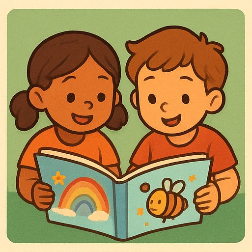 Zwei Kleinkinder schauen gemeinsam in ein buntes Bilderbuch.