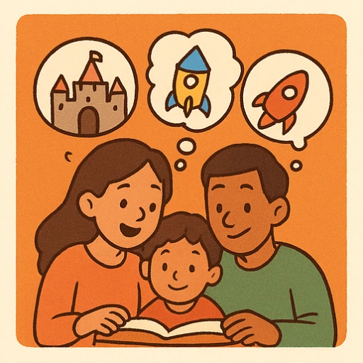 Zwei Elternteile schauen mit ihrem Kind in ein Vorlesebuch. Die Mama liest vor. Die Personen stellen sich ein Märchenschloss und Raketen vor. Das Bild ist im Comicstil illustriert.