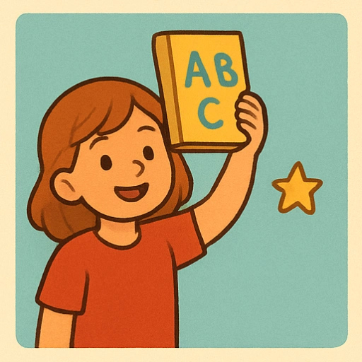 Ein fröhliches Kind hält ein ABC-Buch hoch. Es ist ein Erstlesebuch. Das Bild ist illustriert im Comicstil.
