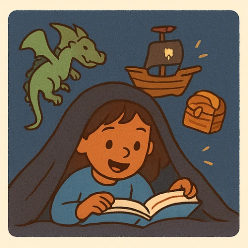 Ein Kind liest unter der Bettdecke ein Buch. Neben dem Kopf sieht man einen Drachen, ein Piratenschiff und einen Schatz.
