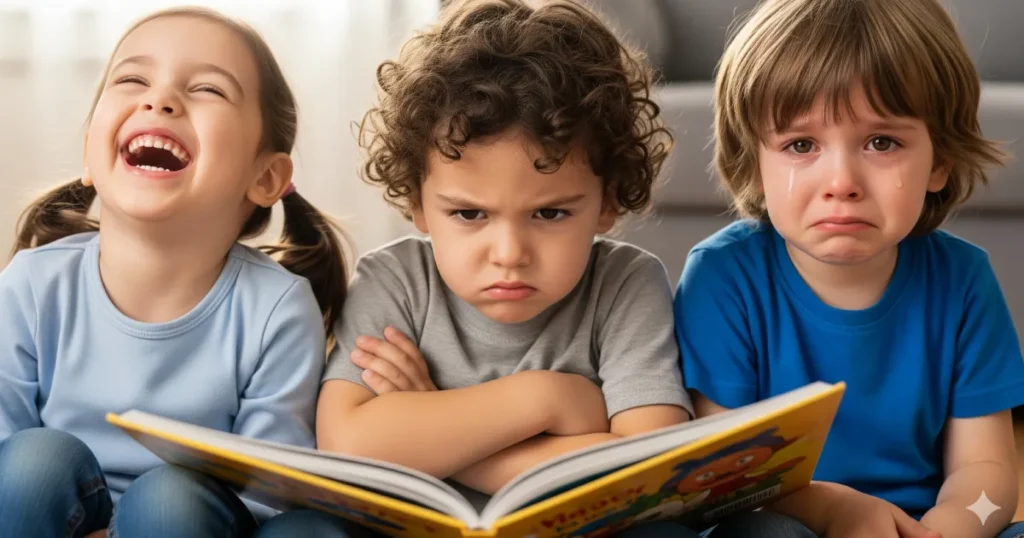 Bild von drei Kindern, die nebeneinander sitzen mit einem aufgeschlagenen Buch in der Mitte. Ein Kind lacht, eines guckt wütend und eines schaut traurig.