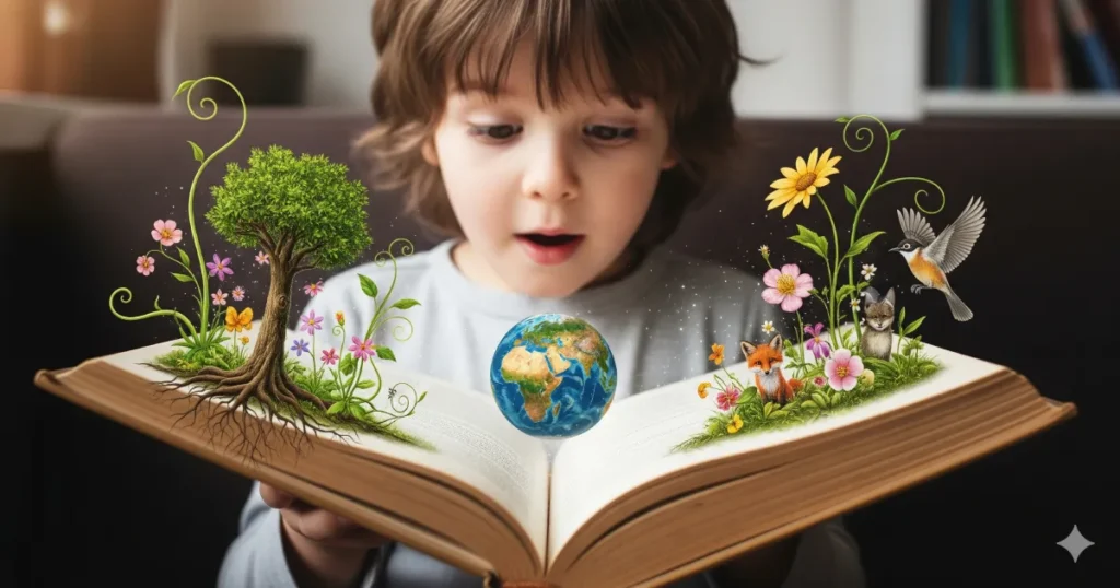 Ein Kind schaut begeistert in ein aufgeklapptes Buch, aus dem illustrierte Tiere, Bäume, Pflanzen und ein Globus herauswachsen.