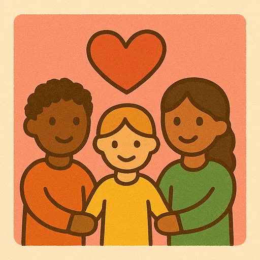 Comicartiges Bild von zwei Erwachsenen und einem Kind in der Mitte. Über ihnen ein Herz.