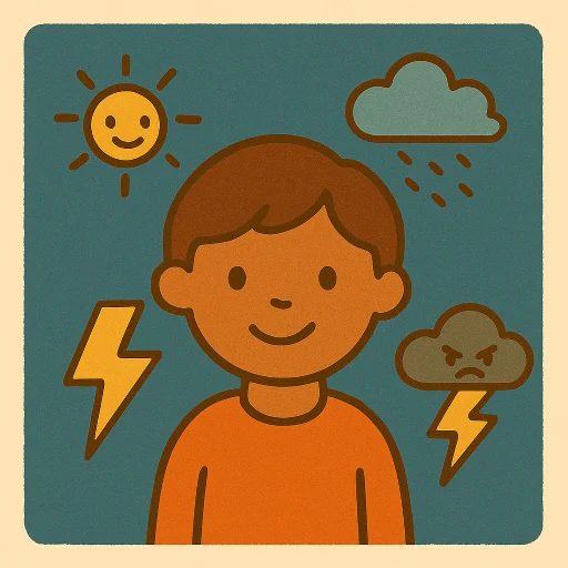 Comicartiges Bild von einem freundlich guckenden Kind. Um dessen Kopf befinden sich eine lächelnde Sonne, eine Regenwolke ein Blitz und eine wütend guckende Gewitterwolke.