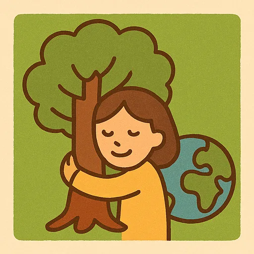 Comicartiges Bild von einem Kind, dass einen Baum umarmt. Im Hintergrund sieht man einen Globus.