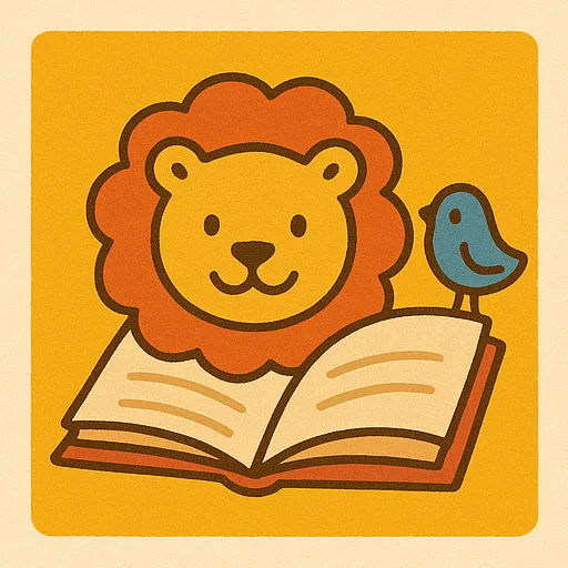 Comicartiges Bild von einem Buch, einem freundlichen Löwen und einem blauen Vogel.